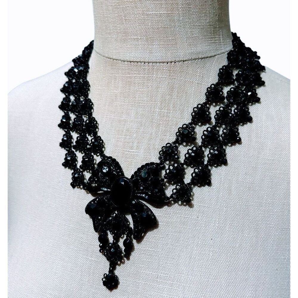 Erica Lyons Black Gothic Metal Bow intricate Triple Row Necklace Signed